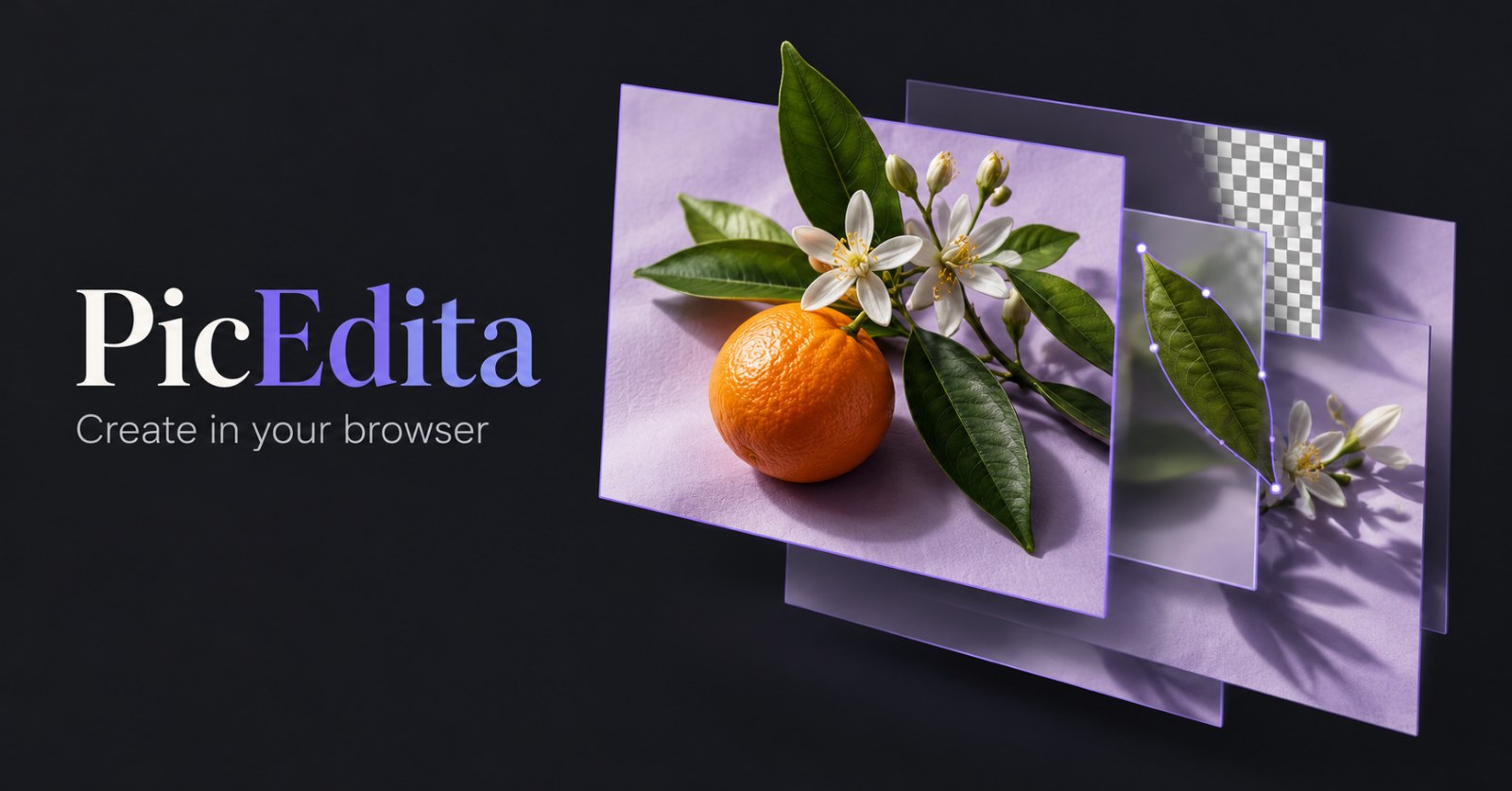 PicEdita creative illustration: citrus and botanical photography arranged in lavender layers with editable path points.
