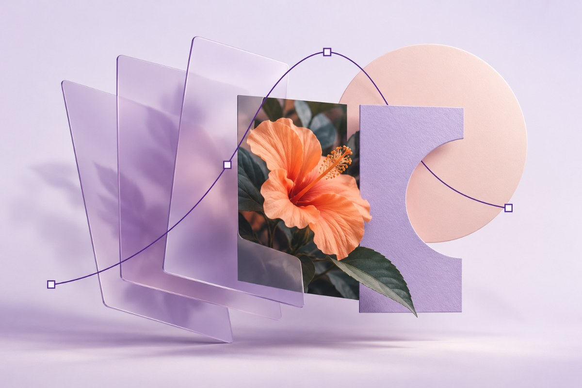 Concept illustration of an orange flower, translucent lavender layers, geometric shapes and a curved vector path.