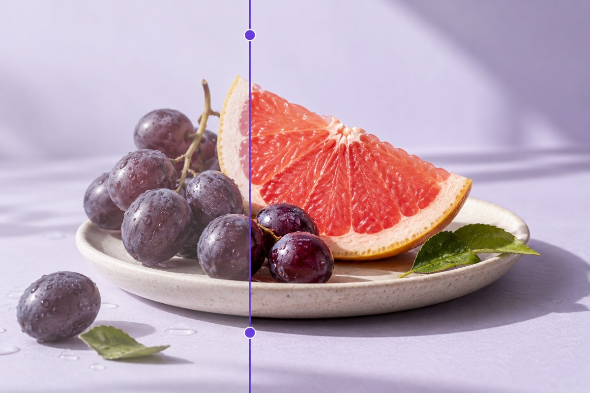 Concept illustration of grapefruit and grapes with a split color treatment and a purple adjustment line.