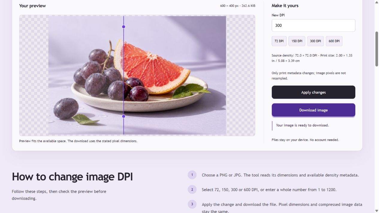 Actual PicEdita DPI converter with the 600 × 400 PNG sample set to 300 DPI. Pixel dimensions stay unchanged.