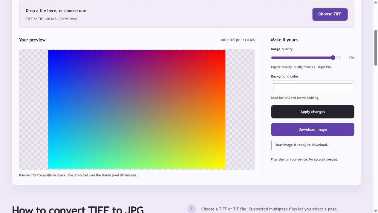 Actual TIFF to JPG tool converting the downloadable synthetic 16-bit RGB gradient to an 8-bit JPG at 92% quality.